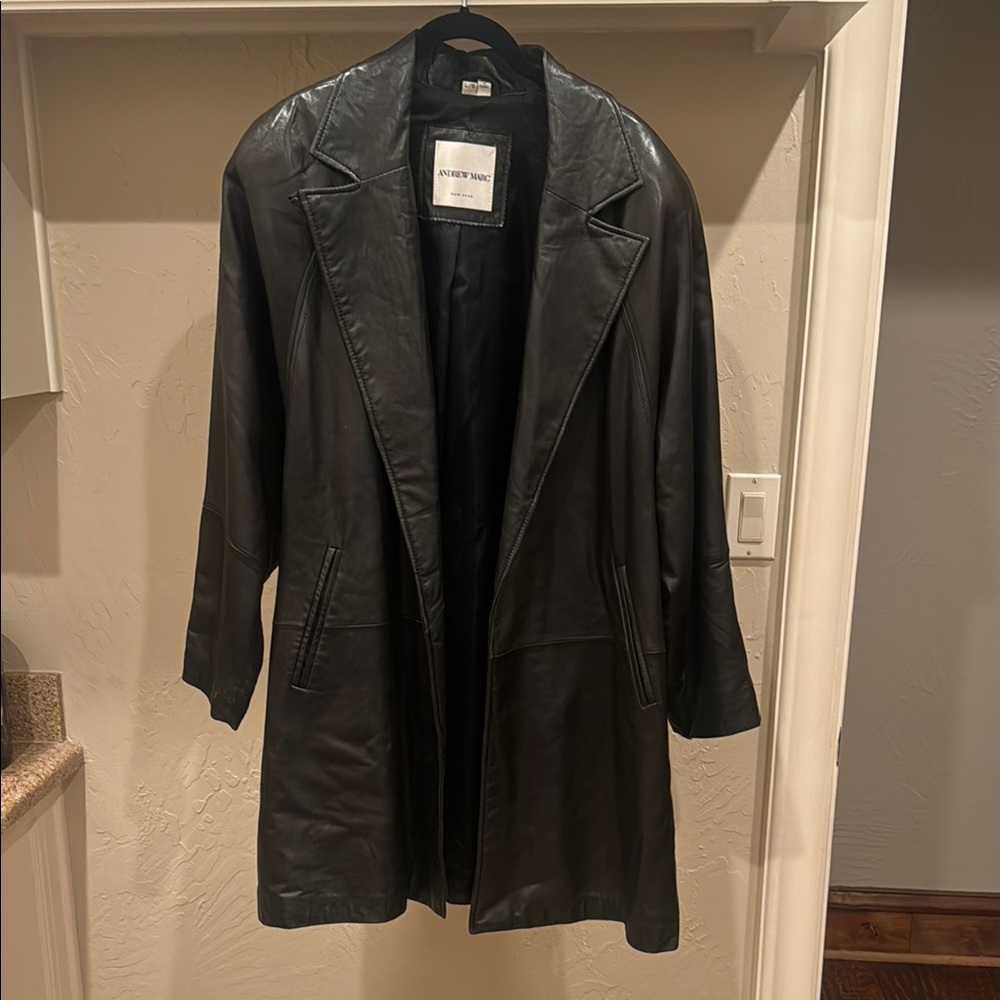 Andrew Marc Black Leather Longline Blazer Coat